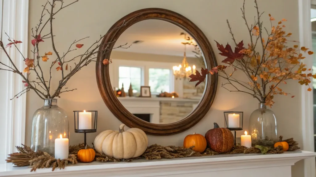 A fall mantel with a large round mirror as the central focal point, surrounded by subtle fall decor on mantel elements.
