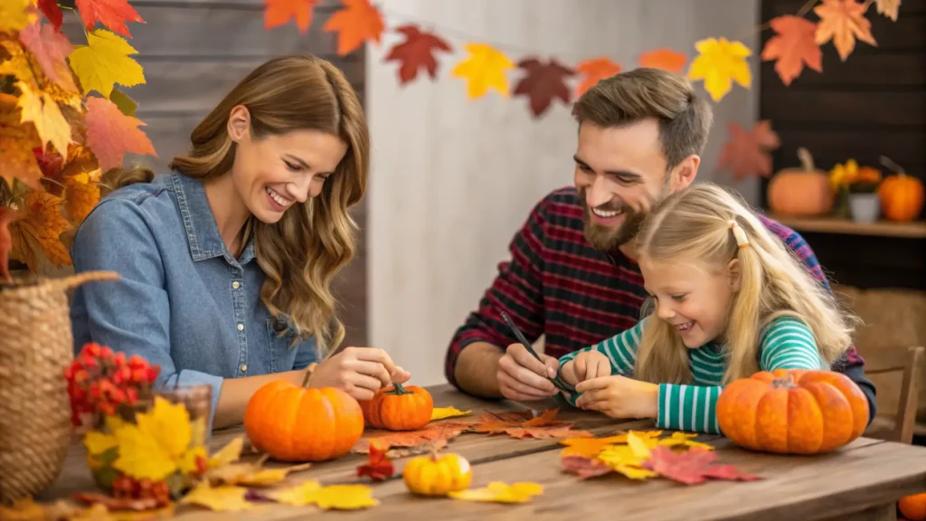 A family smiling and crafting together with colorful fall leaves and small pumpkins on a rustic wooden table.