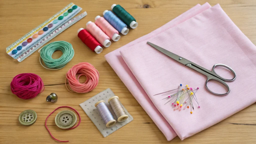 A flat lay image showing materials for a beginner sewing project like scrunchies or a tote bag. DIY Fashion Ideas