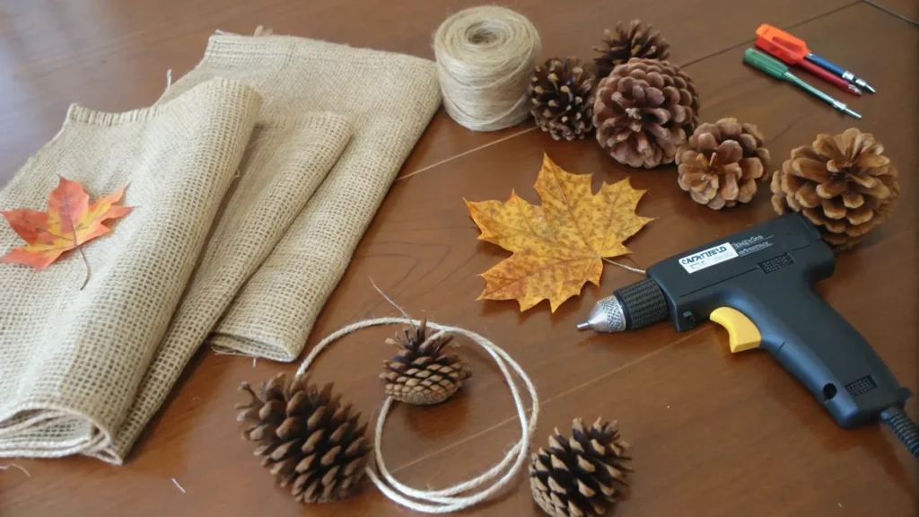 A flat lay of various DIY fall wreath materials like burlap, pinecones, faux leaves, and a glue gun.