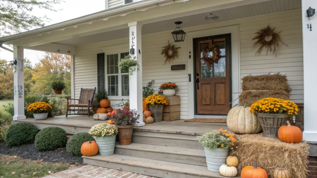 A gallery of diverse rustic farmhouse fall decorations porch designs from real homes, featuring galvanized metal, distressed wood, and burlap textures Fall Porch Decorations