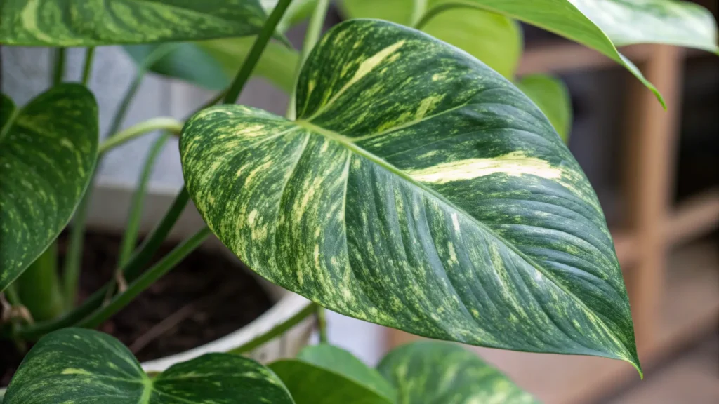A Global Green Pothos leaf showcasing its distinct dark and lighter green variegation.