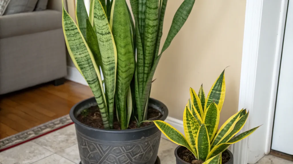 How to Water a Snake Plant . A healthy, thriving snake plant with tall, vibrant green leaves and a smaller, unhealthy plant with yellowing, mushy leaves, illustrating the difference good watering makes.