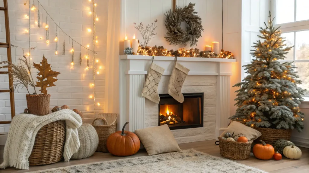 A home interior showing seamless seasonal decor transition from fall to winter elements