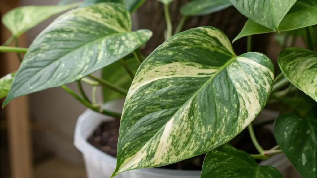 A Jessenia Pothos leaf with subtle olive-green and darker green variegation.