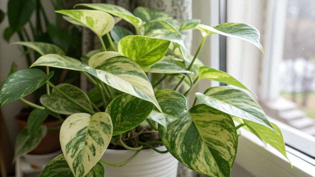 Pothos Plant Types : A Jessenia Pothos plant displaying its subtle lime-green and dark-green marbled leaves.