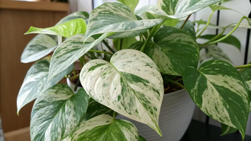 A lush Marble Queen Pothos plant featuring creamy white and green marbled variegation on its heart-shaped leaves. Pothos Plants