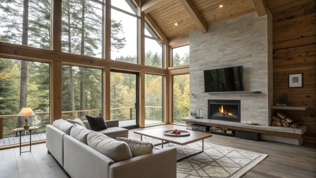 A modern cabin interior design with large windows, minimalist furniture, and a sleek fireplace.