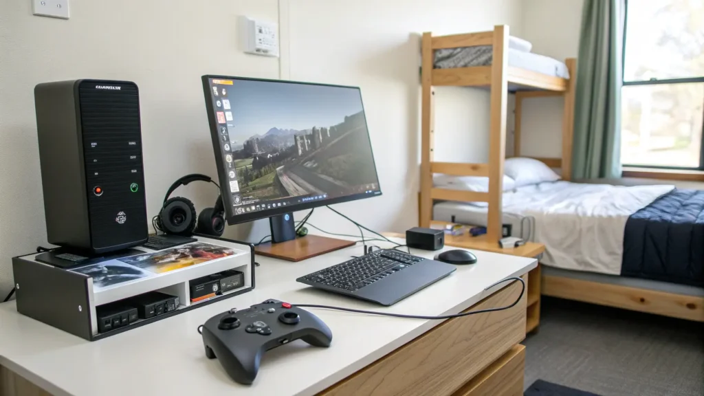 A modern dorm room tech setup with a gaming monitor, console, and charging station.