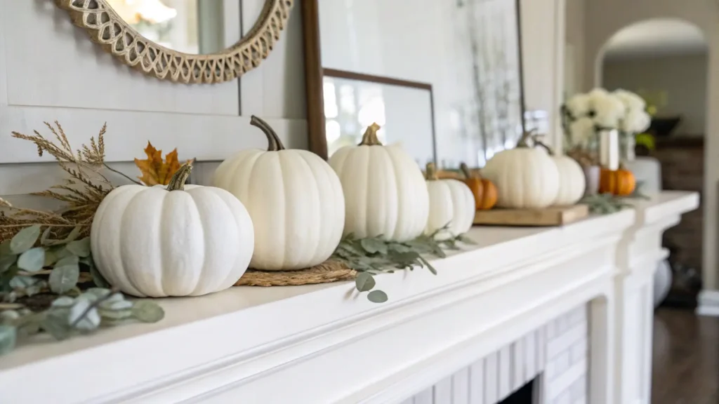 A modern fall mantel decor with white pumpkins, minimalist decor, and clean lines.