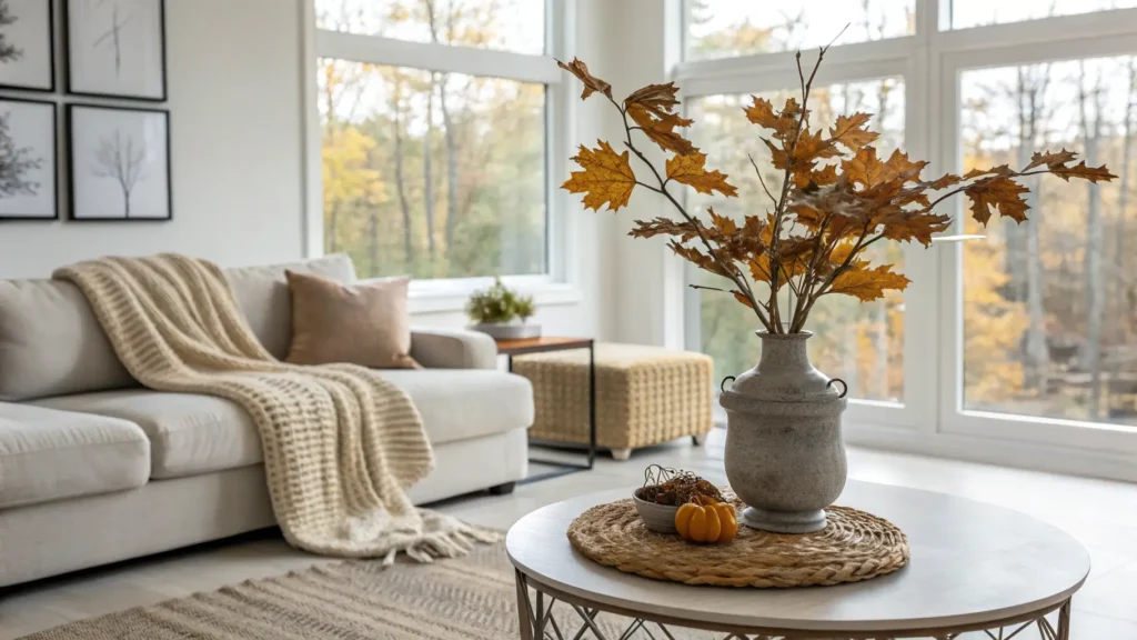 A modern living room with minimalist fall decor, clean lines, and neutral colors.