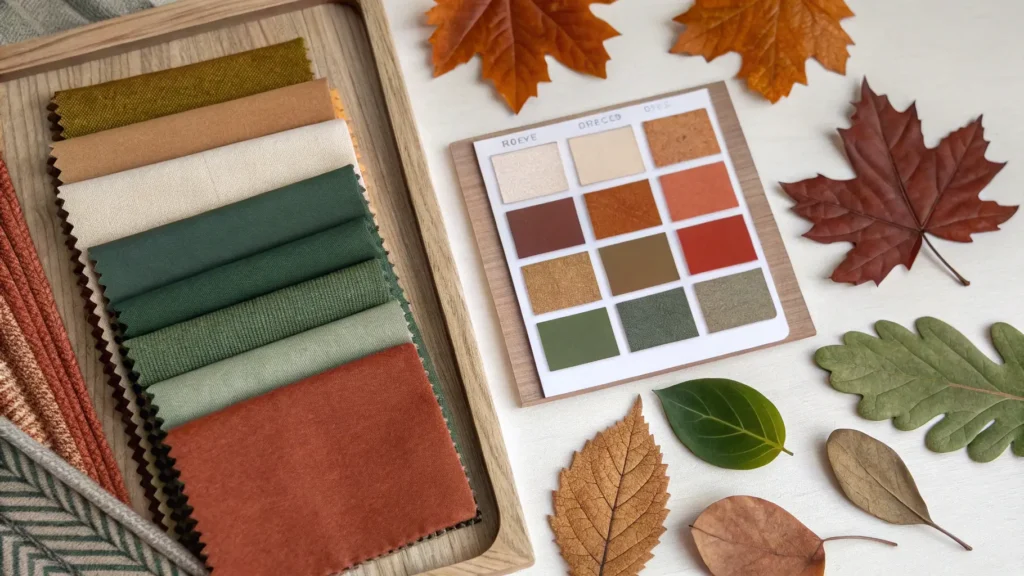 A mood board showing a tasteful fall color palette with muted greens, warm creams, and rust tones. How to Decorate Tastefully for Fall