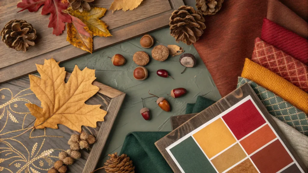 A mood board showing warm red, orange, gold, and deep green autumn color palettes. Autumn Home Decorating Ideas