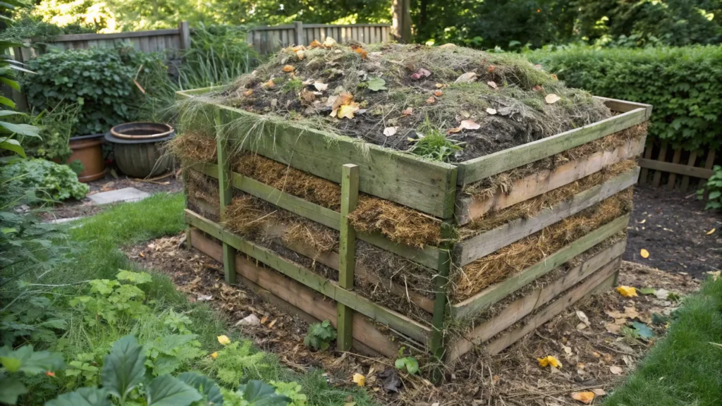 A perfectly layered compost pile demonstrating Martha Stewart's organic composting method.