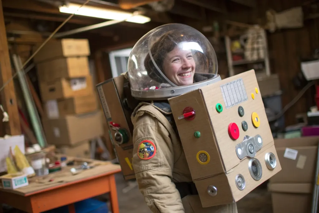 A person dressed as a 'Lost-in-Space Tourist' costume with a DIY cardboard jetpack and a bubble helmet.