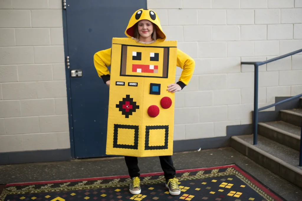 A person in a 'Retro Arcade Character' costume with pixelated features made from felt on a bright yellow base outfit.
