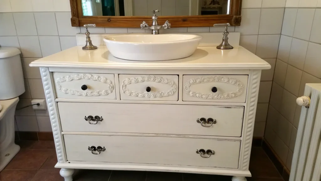 A repurposed vintage dresser transformed into a bathroom vanity.