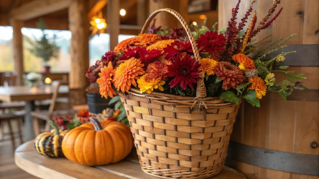 A rustic basket filled with vibrant fall decor with mums.