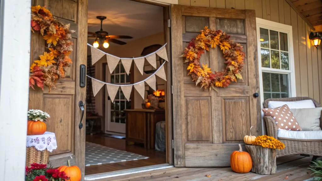 A rustic fall farmhouse entryway decorated with burlap banners and twine-wrapped bottles.