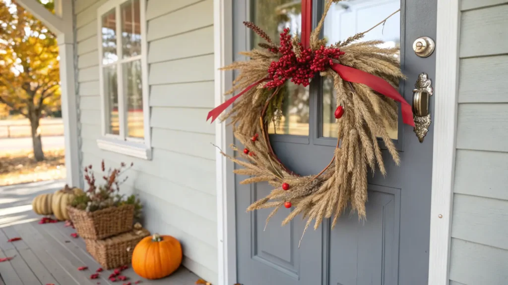 A rustic wheat and berry fall decor clearance wreath hanging on a front door.