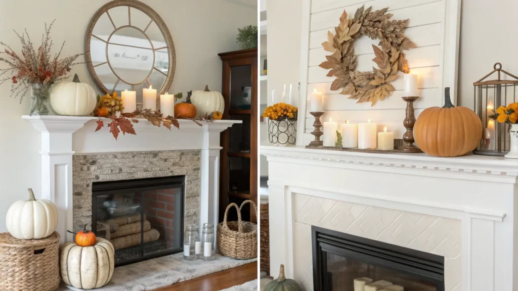A side-by-side comparison of a cluttered fall mantel versus a tastefully arranged, minimalist fall mantel.