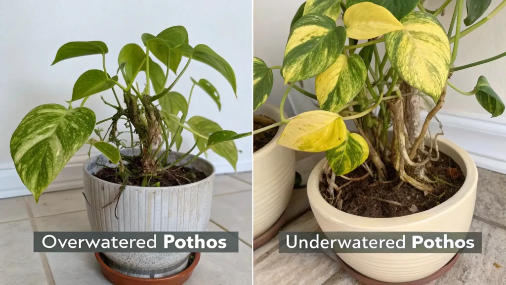 A side-by-side infographic comparing an overwatered pothos with soft, yellow, droopy leaves and an underwatered pothos with crispy, yellow leaves and parched soil. Pothos Yellow Spots