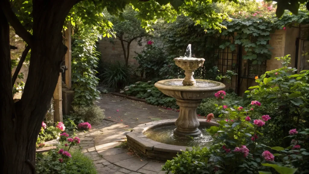 A small, elegant fountain gently bubbling in a secluded secret garden, surrounded by lush foliage. Private Backyard Oasis