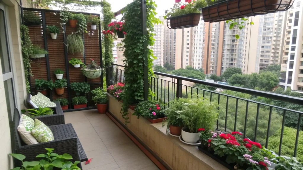 A small urban balcony transformed into a secret garden with vertical planters and privacy screens. Private Backyard Oasis