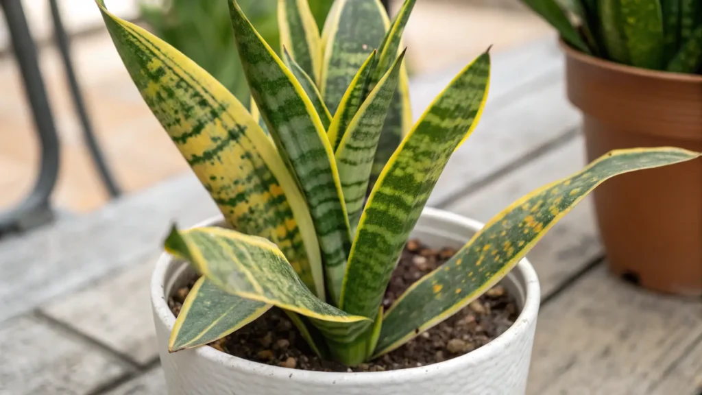 a snake plant with yellowing leaves