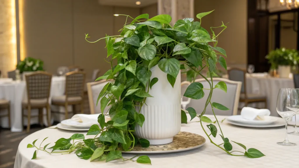 A stunning, lush pothos plant centerpiece cascading from a modern white vase on a dining table.