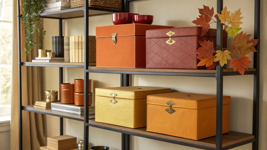 A stylish, modern high-shelf cabinet styled for autumn. On the shelves are decorative autumn-themed storage boxes in warm tones (burnt orange, deep red, golden yellow). One of the boxes is designed to discreetly contain a locked medicine box inside — the lock should be subtle, not distracting from the cozy seasonal décor. The cabinet is sleek with clean lines, positioned in a softly lit home interior. Shot: straight-on angle. Lighting: warm daylight glow. Background: neutral wall. Style: realistic, elegant lifestyle photography. fall decor kids medicine
