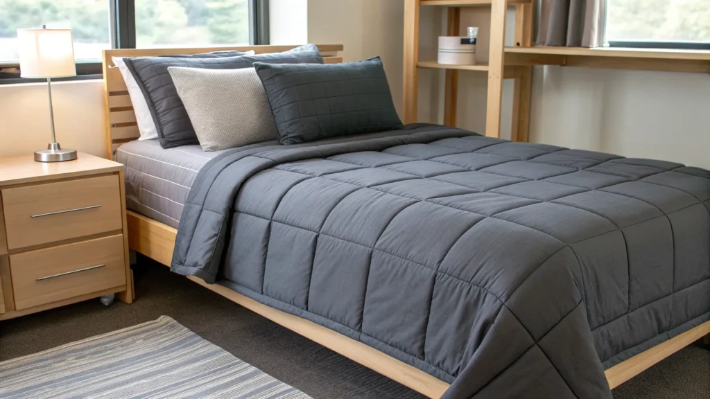 A stylish twin XL dorm bed with a dark grey comforter and comfortable pillows.