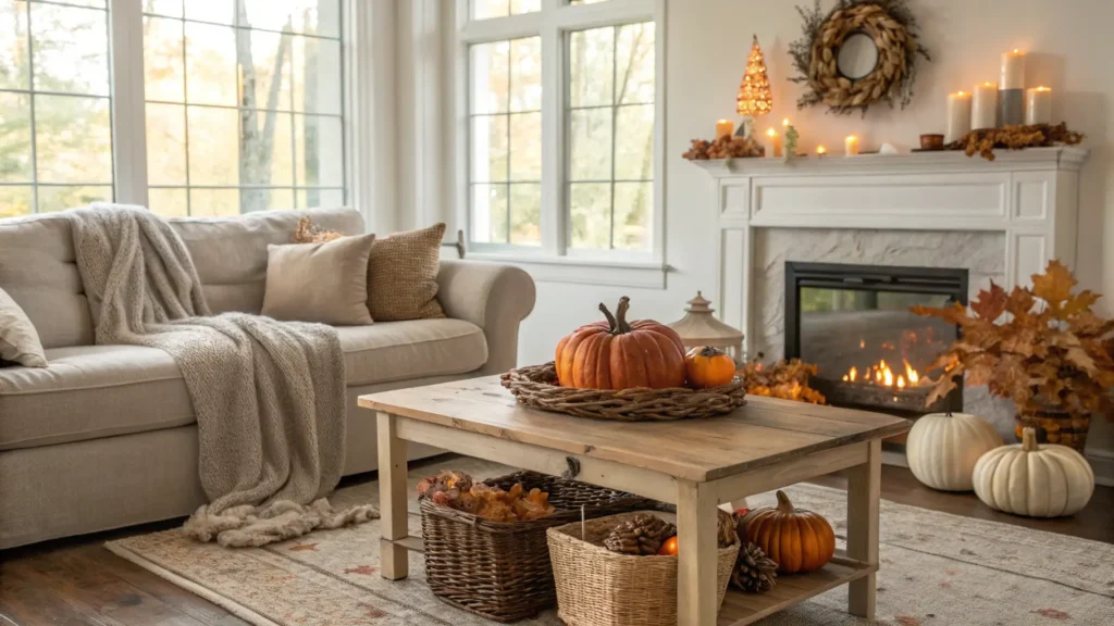 A tastefully decorated living room with layered textures and natural fall elements. Elevate your home this autumn with our guide to tasteful fall decor. Discover elegant, sustainable, and budget-friendly ideas, expert tips, and sophisticated styles for every room.