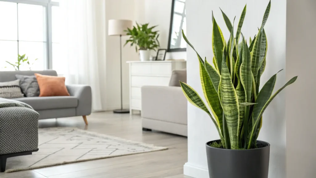 A thriving snake plant in a modern living room, showcasing vibrant green leaves.
