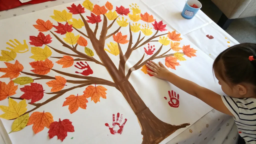 A toddler's handprint tree craft with vibrant fall colors.