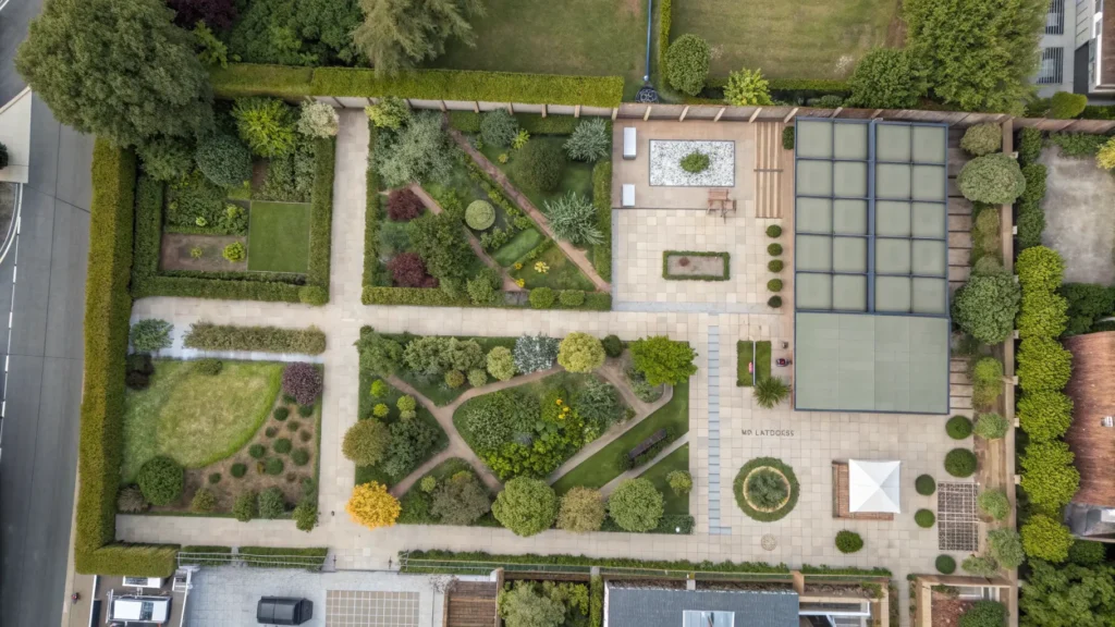 A top-down view of a garden layout plan with designated privacy zones. Private Backyard Oasis