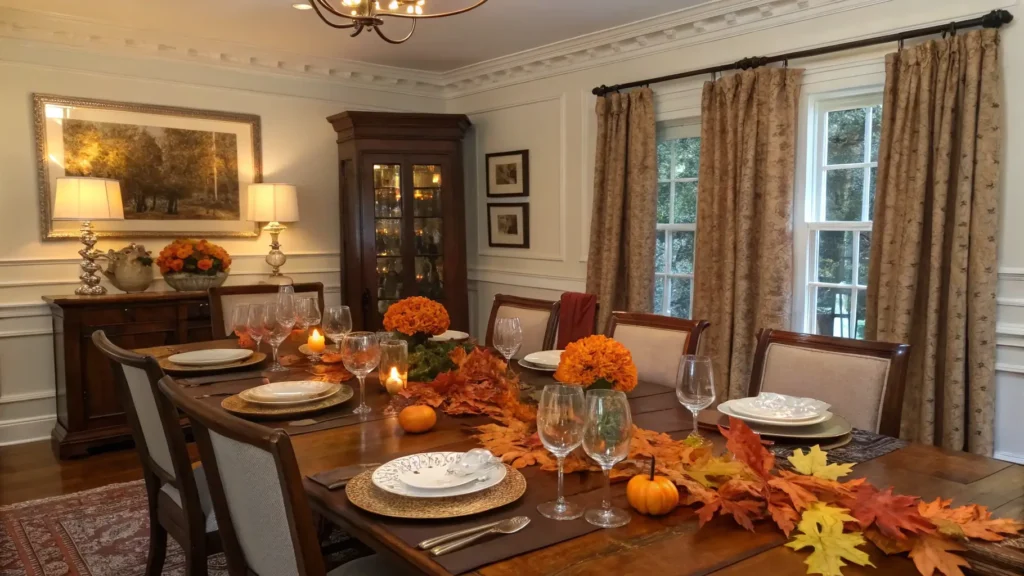 A traditional dining room adorned with classic fall decor and sophisticated accents.