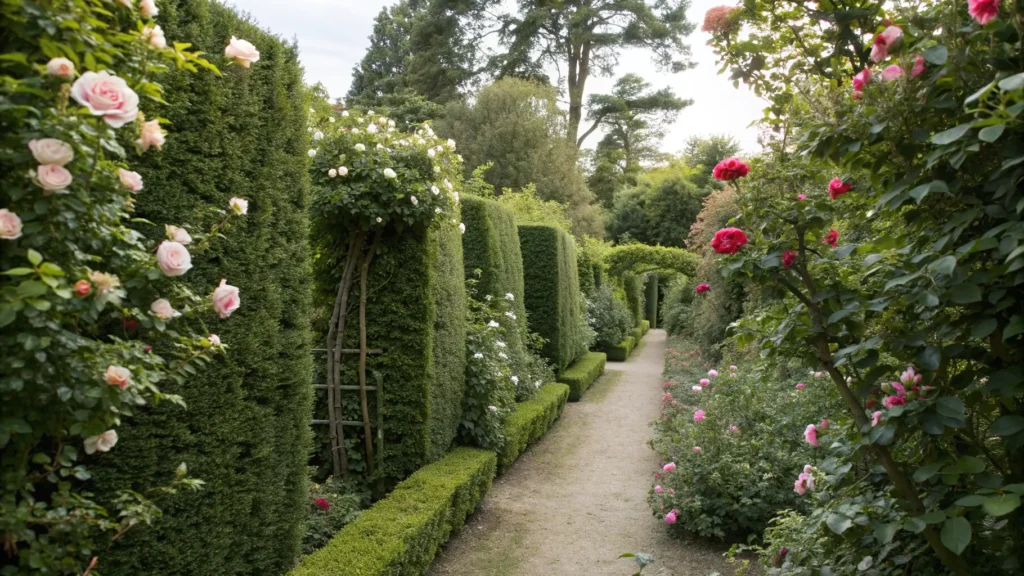 A variety of privacy plants including tall hedges and fragrant climbing roses in a secret garden. Private Backyard Oasis