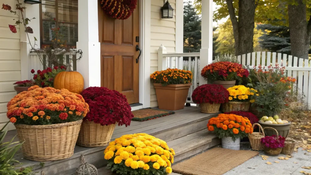 A vibrant arrangement of fall decor with mums in various colors on a front porch.