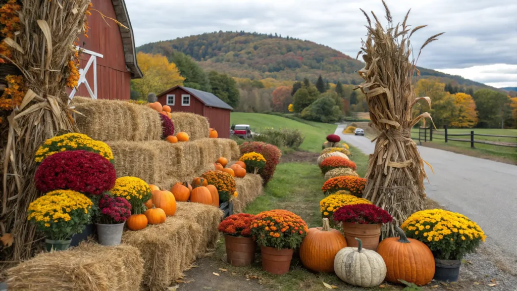 A vibrant autumn scene featuring diverse fall decor with hay bales, pumpkins, and corn stalks, showcasing versatility.