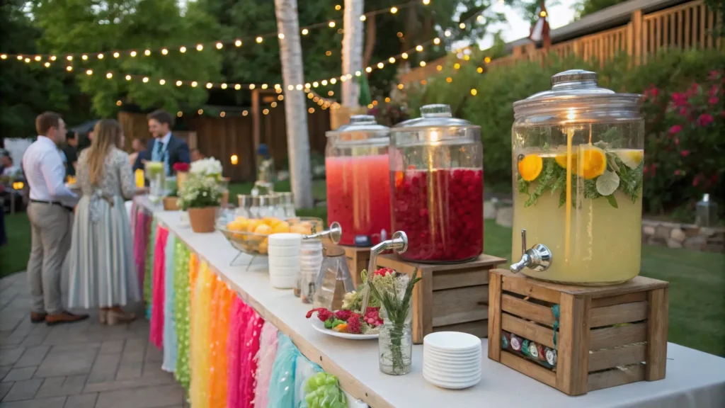 A vibrant DIY drink station at a backyard wedding with infused water and signature sips.