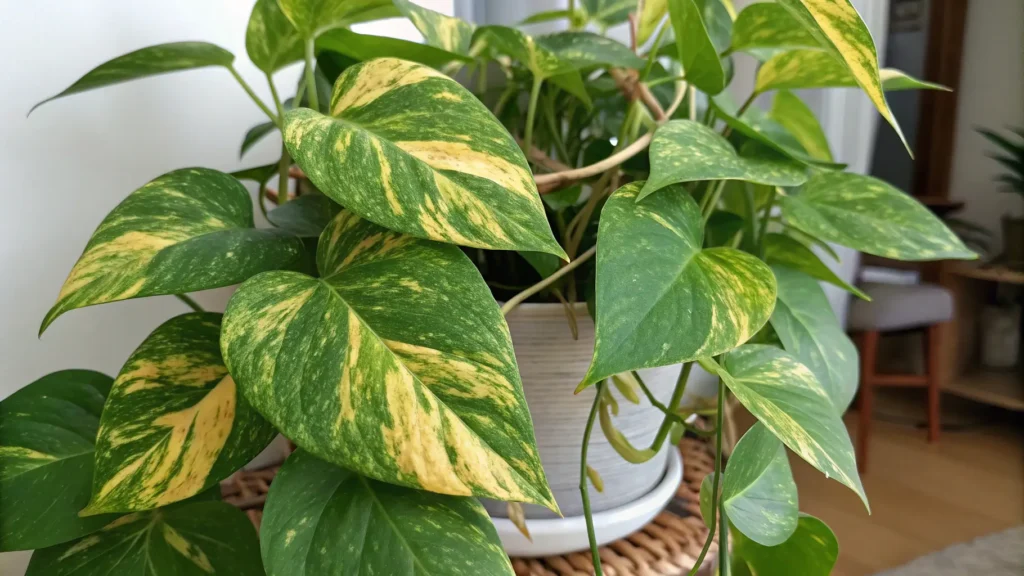 A vibrant Golden Pothos plant with distinctive green leaves splashed with golden-yellow variegation . Pothos Plants