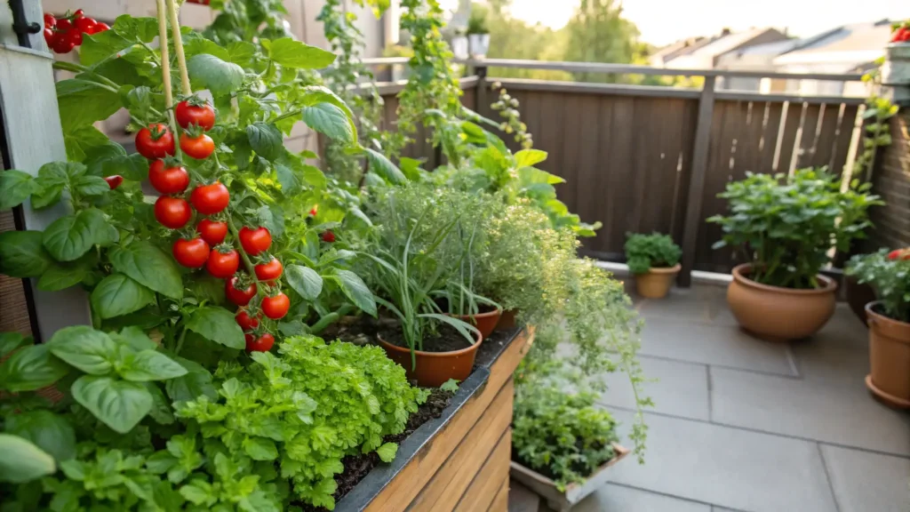 A vibrant mini vegetable garden overflowing with fresh herbs and cherry tomatoes on a small patio.