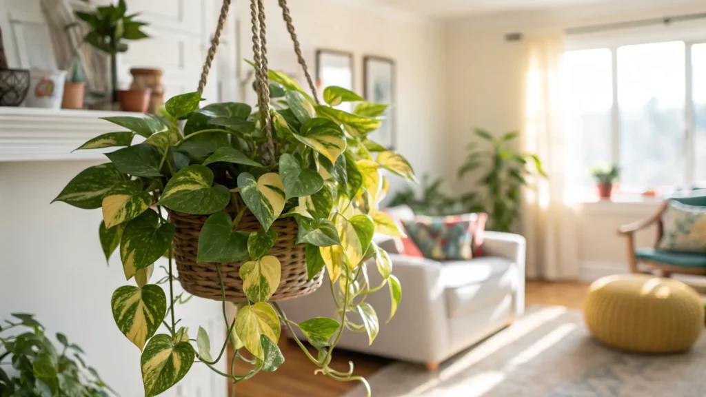 A vibrant Pothos plant trailing gracefully from a hanging basket in a bright living room, showcasing its versatility.
