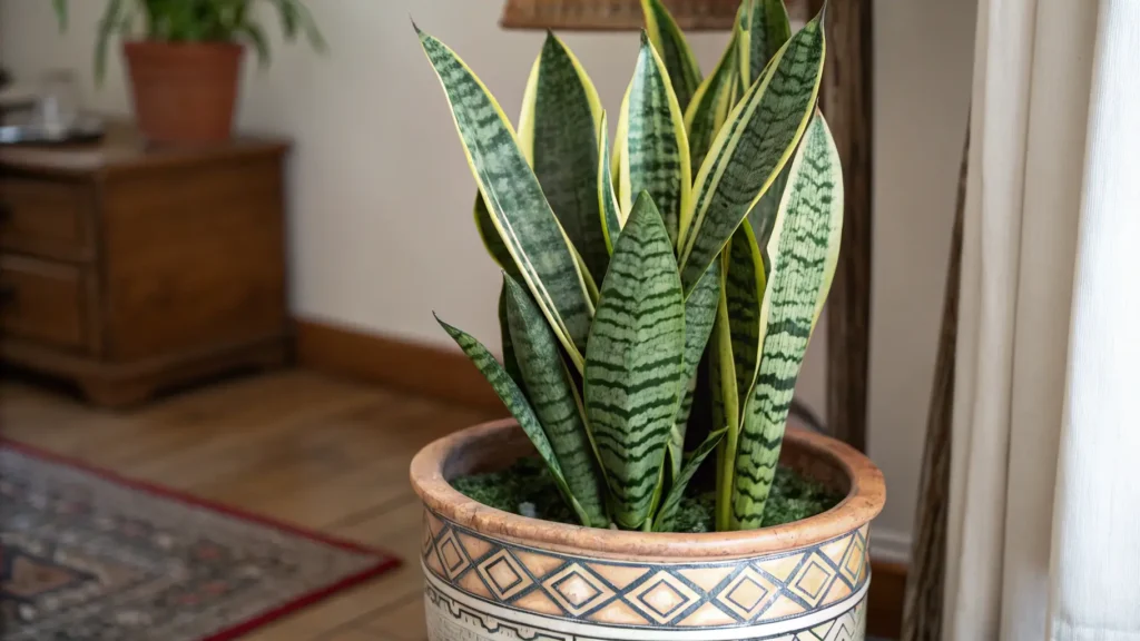 A vibrant Whale Fin Snake Plant (Sansevieria masoniana) standing tall in a decorative pot.