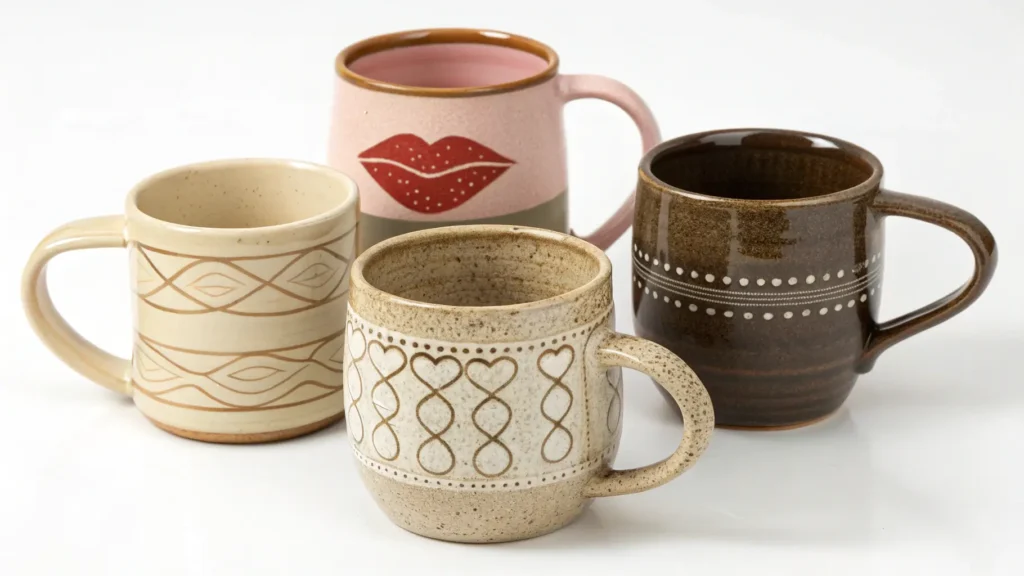 A visual array of diverse handmade mug styles, showcasing different handle designs, lip shapes, glaze finishes, and overall forms for unique coffee cups.