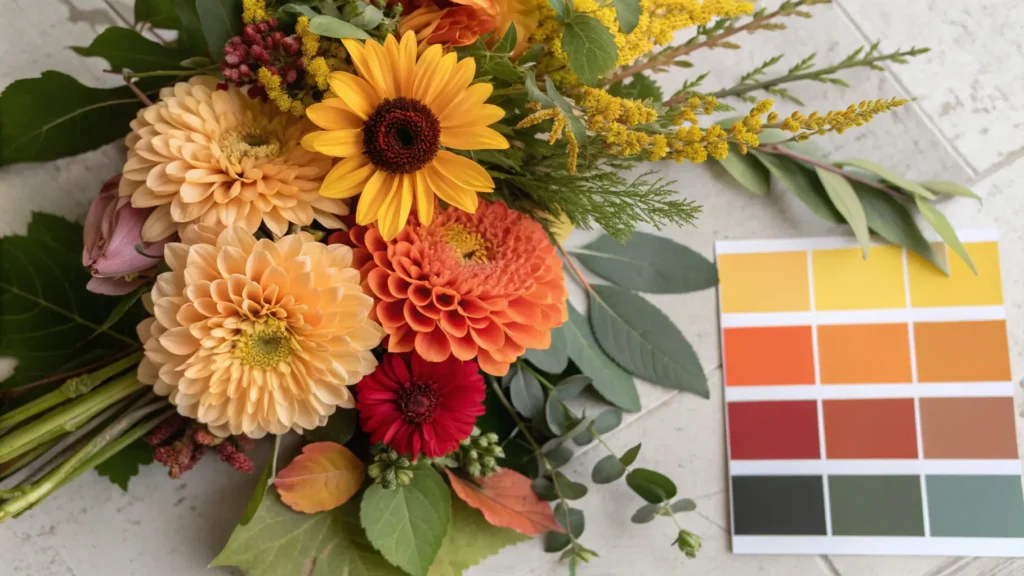 A visual mood board morphing from vibrant late summer flowers to muted early fall leaves, demonstrating seamless seasonal styling for August and September . How to Decorate for August and September