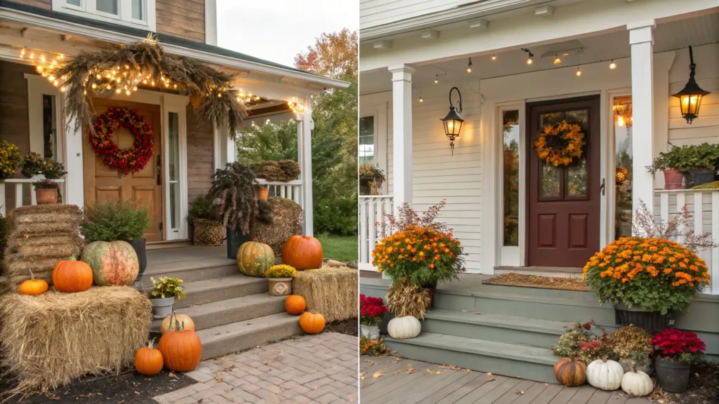 A visually diverse gallery showcasing various styles of beautiful fall decorations porch designs, from rustic to modern. Fall Porch Decorations
