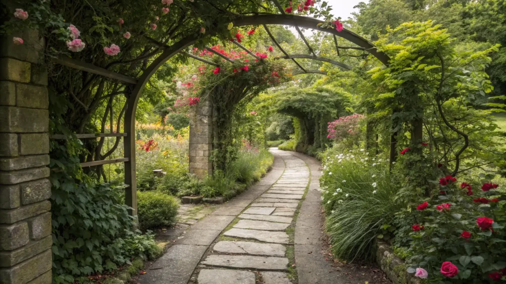 A winding stone pathway leading through a lush, secluded secret garden with an archway entrance. Private Backyard Oasis