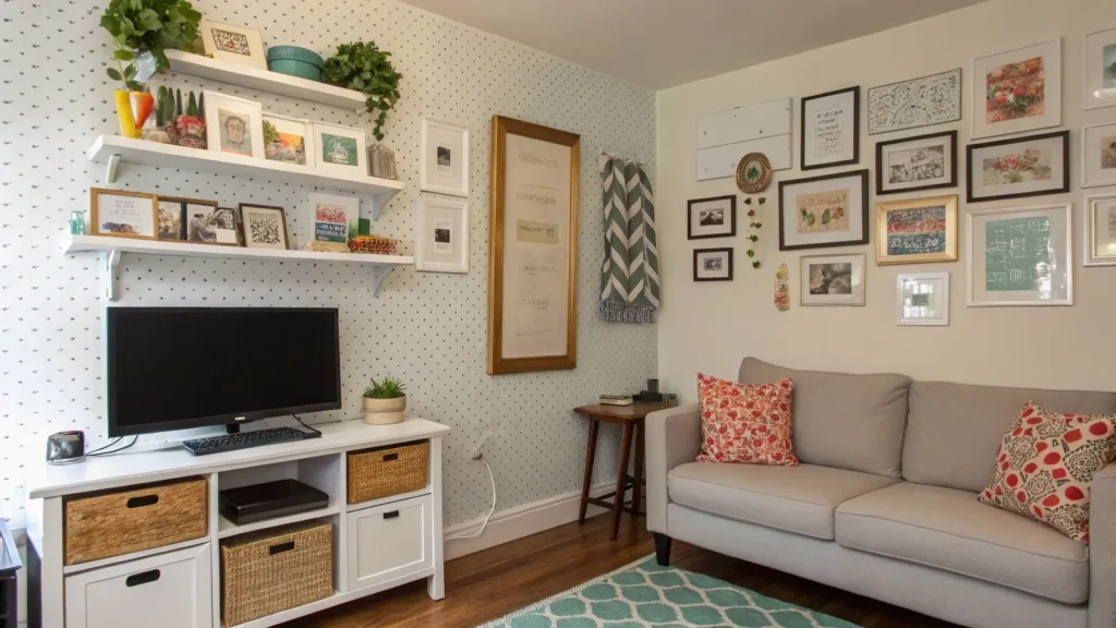 Renter-friendly studio flat with peel-and-stick wallpaper and command strip gallery wall. Studio Flat Decor